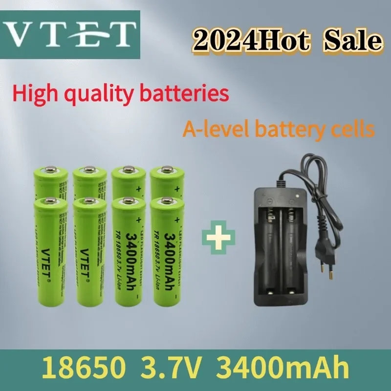 VTET-Batterie aste 2024 V 3.7 mAh, capacité 3400, pour lampe torche + chargeur, nouvelle collection 18650