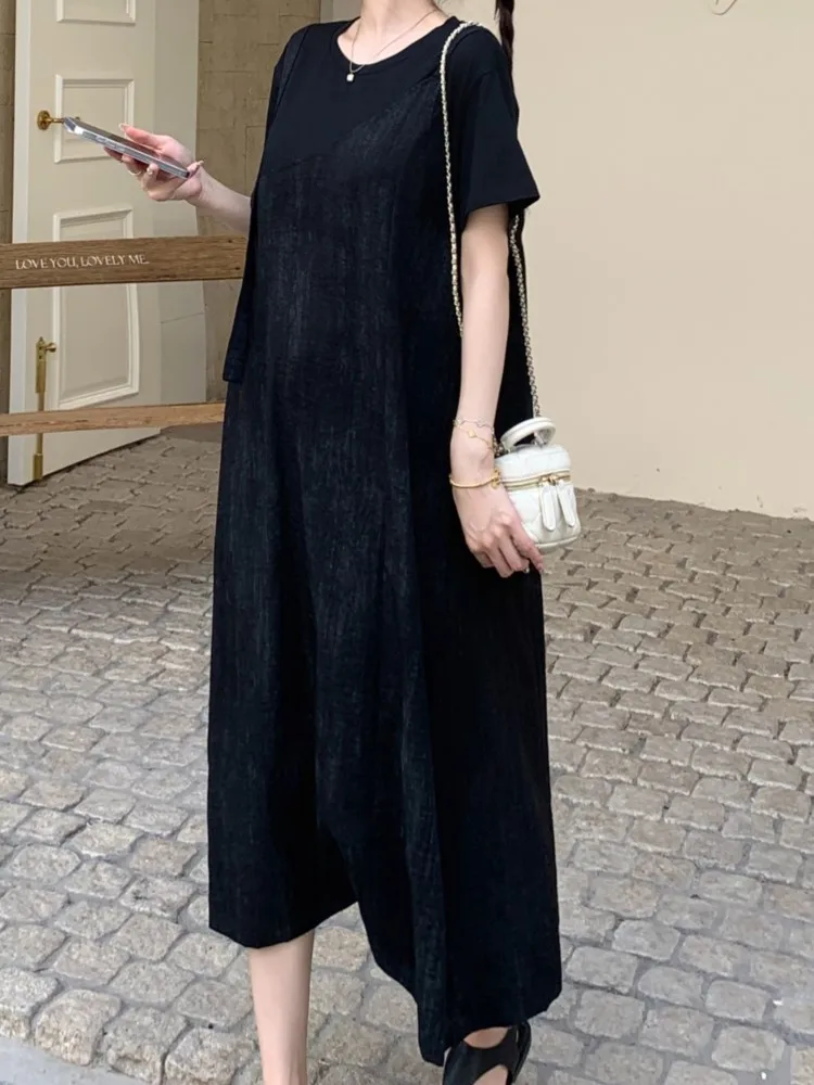 Summer Patchwork Black T Shirt Dress Women Loose Elegant Vintage Ladies Dresses Vestidos 2025 New