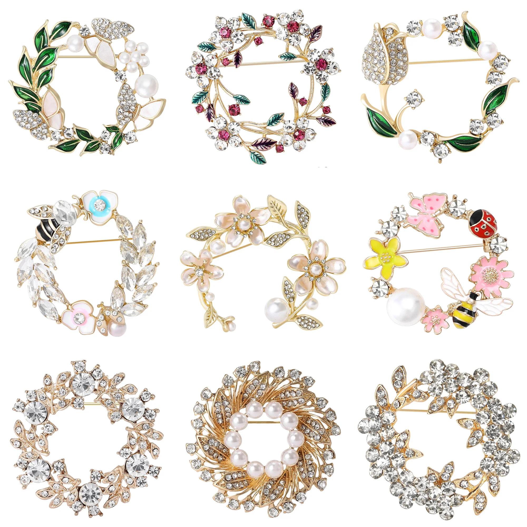 

Classic Rhinestone Wreath Brooches for Women Unisex Enamel Plant Flower Pins Office Party Friend New Gifts Jewelry Accessories