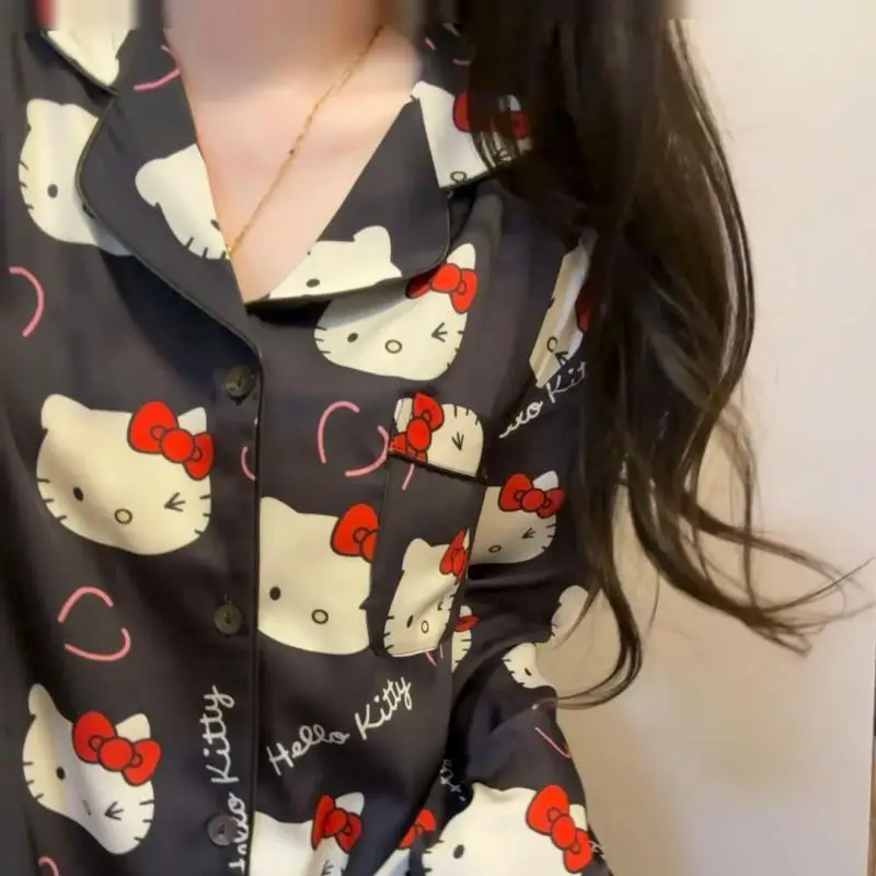 Kawaii سانريو مرحبا كيتي أنيمي جديد 2 قطعة/المجموعة بيجامة الكرتون طويلة الأكمام السراويل السوداء المنزل/في الهواء الطلق المتسكعون ملابس المنزل 2025