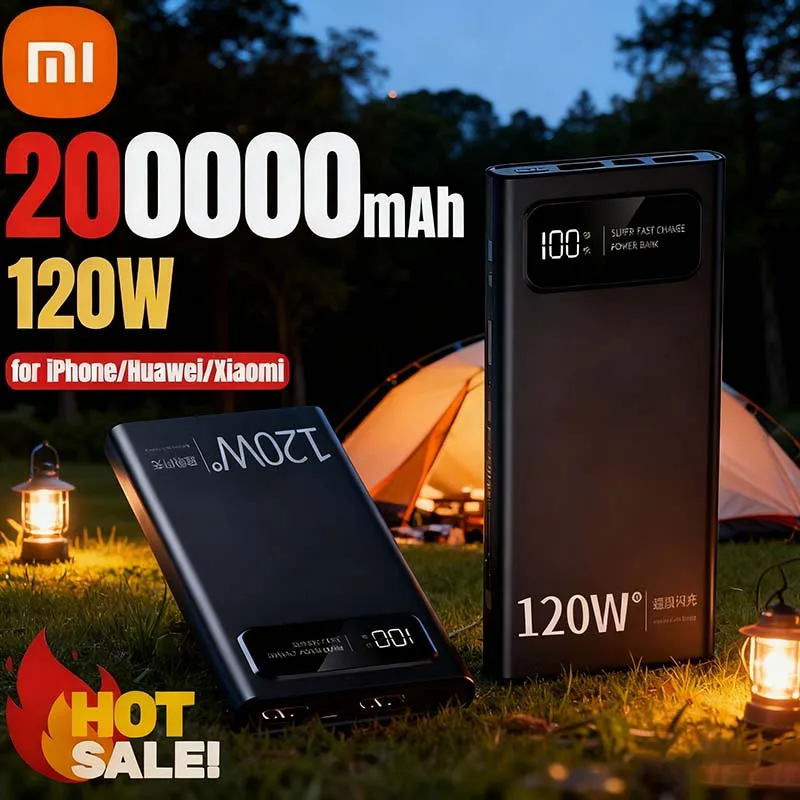 بنك الطاقة Xiaomi 120W شحن سريع للغاية 200000 بطارية خارجية محمولة ذات سعة كبيرة mAh للطاقة المتنقلة لهاتف آيفون الجديد