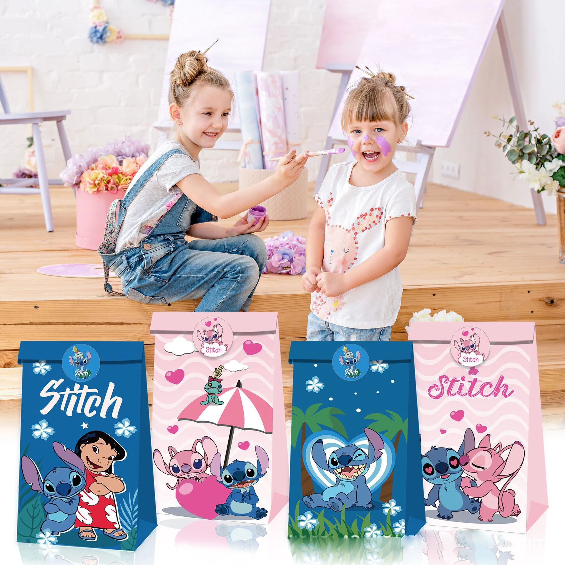 Disney Lilo Stitch 12pcs Set Candy Gift Bag Free Sealing  Sticker Favor Bag Paper Party Gifts Baby Shower Birthday Party Supplie