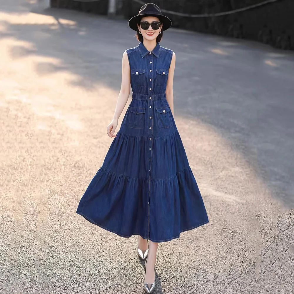 New Spring Summer Sleeveless Denim Dress Women Fashion Turn-down Collar Single Breasted Stretch High Waist Denim Dress Female