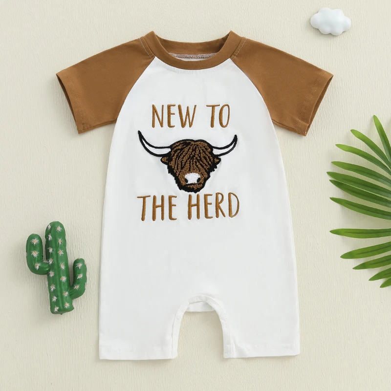 

2025-03-04 Lioraitiin Newborn Baby Boy Western Romper Bull Head Letter Embroidery Short Sleeve Round Neck Jumpsuit