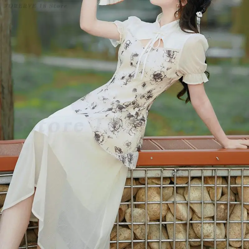 

New Chinese Style Retro Cheongsam Improved A-Line Vestidos Traditional Ink Printing Evening Party Dress Sexy Elegant Qipao