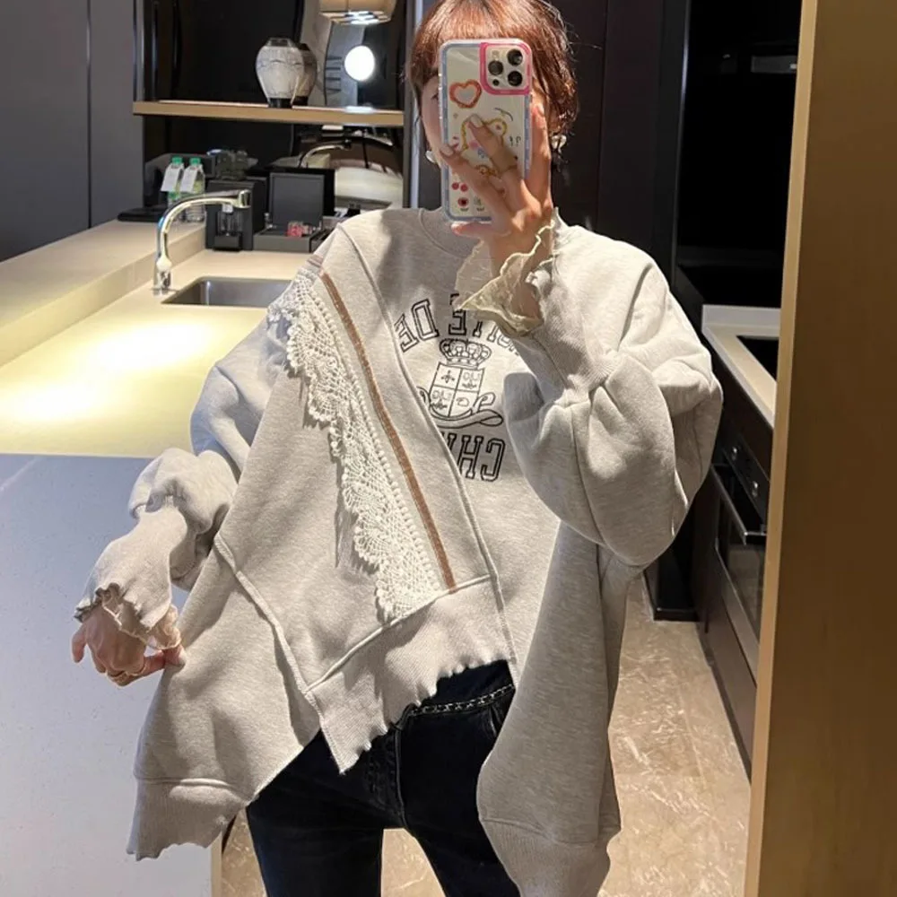 Korean Style Autumn Winter Sweatshirts Woman Clothing Sweet Lace Splice Irregular Pullovers Female Thicken Letter Print Hoodies