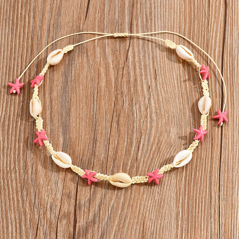 WLP Vacation Beach Pink Starfish Seashell Weave Necklace Choker for Women Bohemian Summer Shell Rope Chain Necklace Jewelry