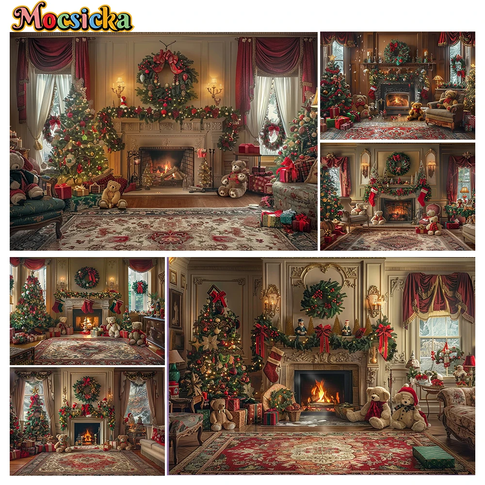 

Mocsicka Winter Christmas Photography Background Fireplace Xmas Tree Holiday Party Family Kids Photo Backdrops Studio