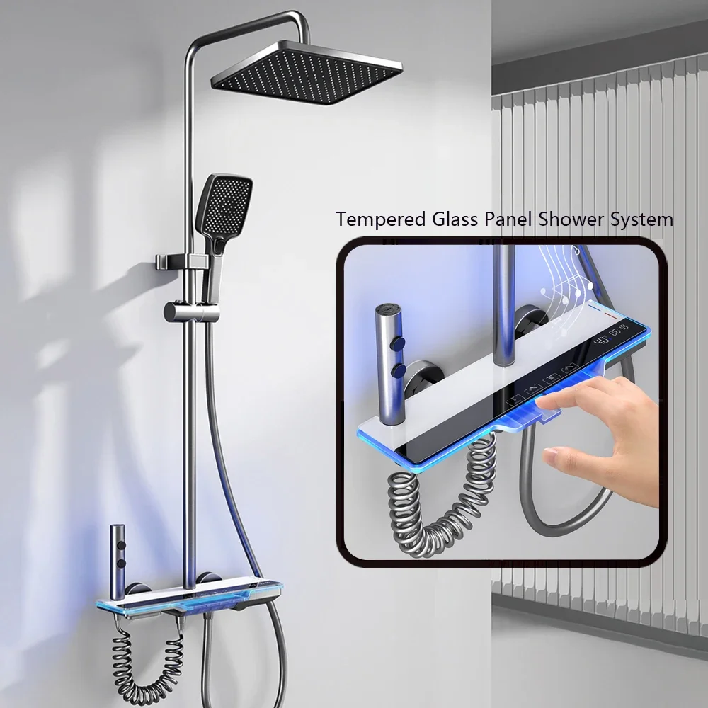 Keran mandi LED Digital, keran mandi kamar mandi pintar layar Digital termostatik kuningan sistem bak mandi curah hujan 4 fitur Mixer Shower Set Sistem shower air terjun dengan lampu atmosfer