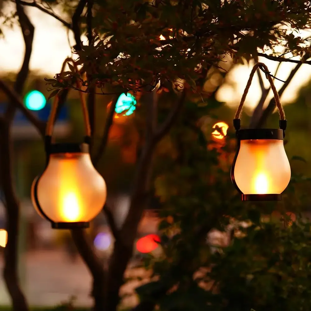 Solar Powered Flame Lights,Garden Lantern Dancing Flickering LED Light Yard Decor With Rope Rechargeable Camping Lamp 2 Modes
