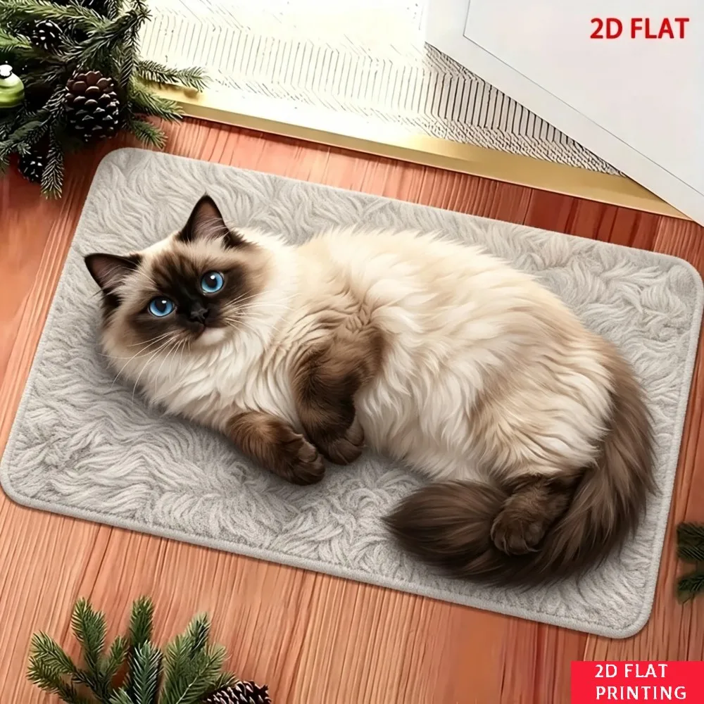 Alfombra de Entrada con Diseño de Gato Ragdoll Acostado, Textura de Punto Gris, Ojo Azul, Antideslizante, Suave, para Amantes de Mascotas