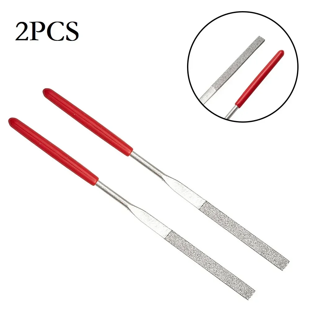 2pcs Diamond Needle File Red Plastic Handle Metal Stone Grinding Flat Jewelry Polishing Steel Hand Tools