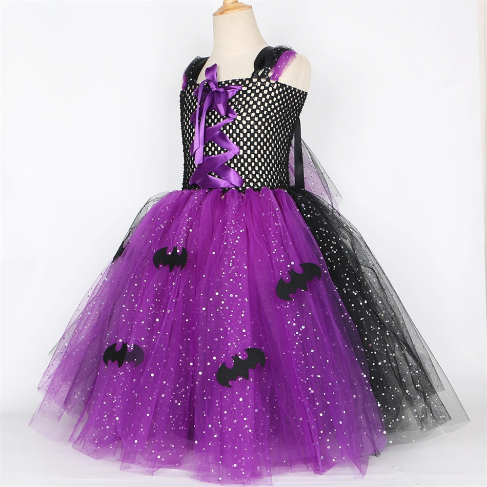 Witch Maleficent Dress For Girl Children Sequin  Mesh Frocks With Bat Halloween Scary Vestidos Children Black Evening Clothes