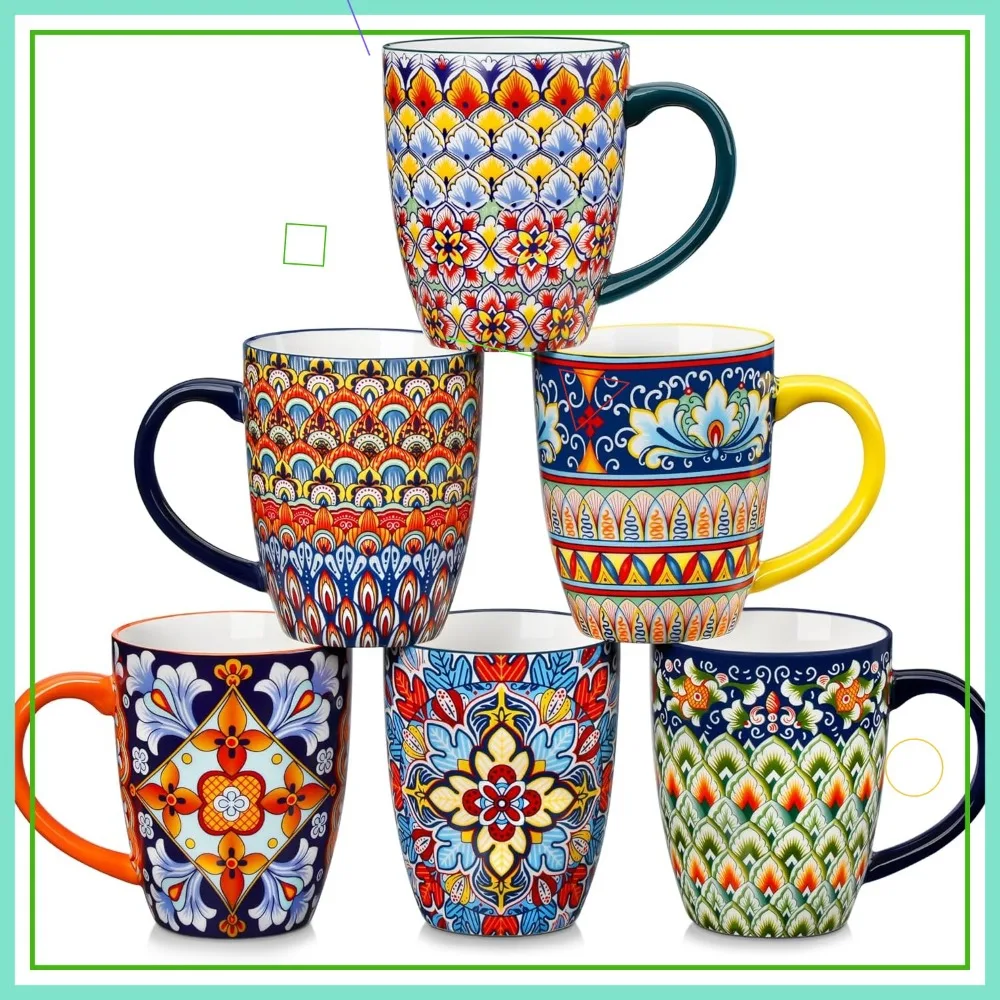 

16oz Boho Coffee Mugs Set of 6, Large Ceramic Cups with Handle, Dishwasher & Microwave Safe