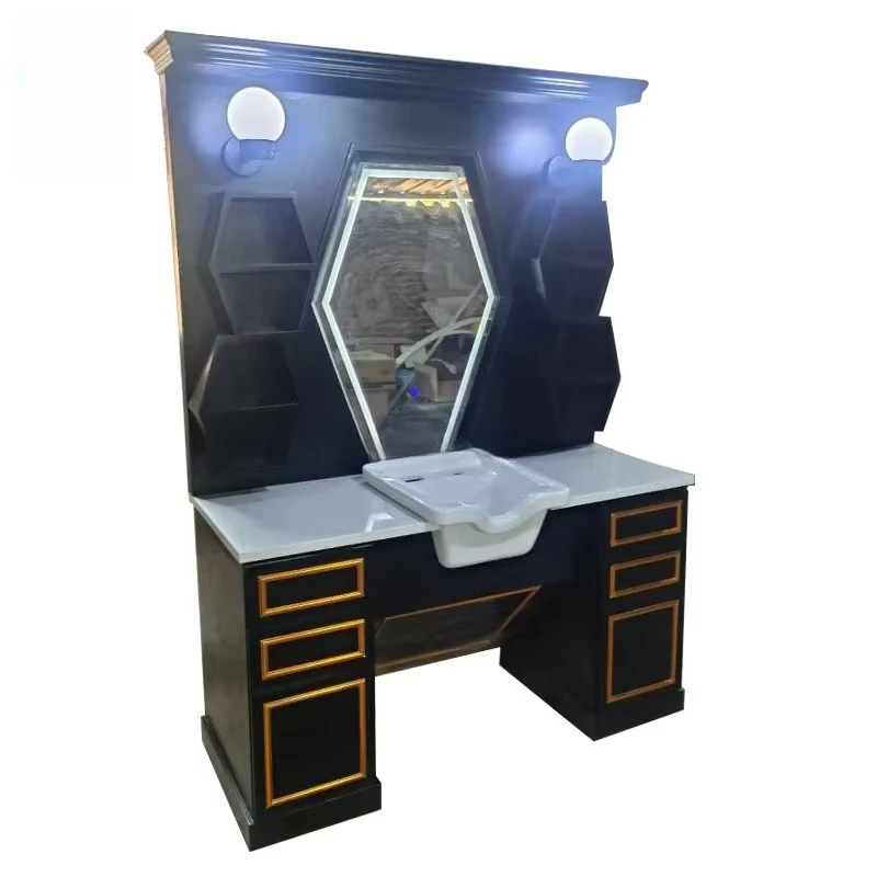 

Роскошный салон красоты, черная деревянная станция для хранения, станция для парикмахерской в античном стиле, зеркальная станция с раковиной