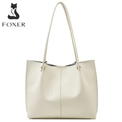 FOXER Fashion Retro Women Split Leather Shoulder Bag Simple Tote Lady Office Luxury Handbag Large Capacity Christmas Gift