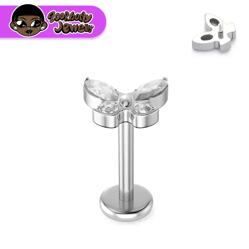 مجوهرات ثقب الجسم من التيتانيوم ، فراشة مثيرة ، خيط داخلي ، شفة ، أنف ، أذن ، غضروف ، زركون ، أنثى ، 16 جم ، 18 جم ، ASTM F136 ، 5A #1