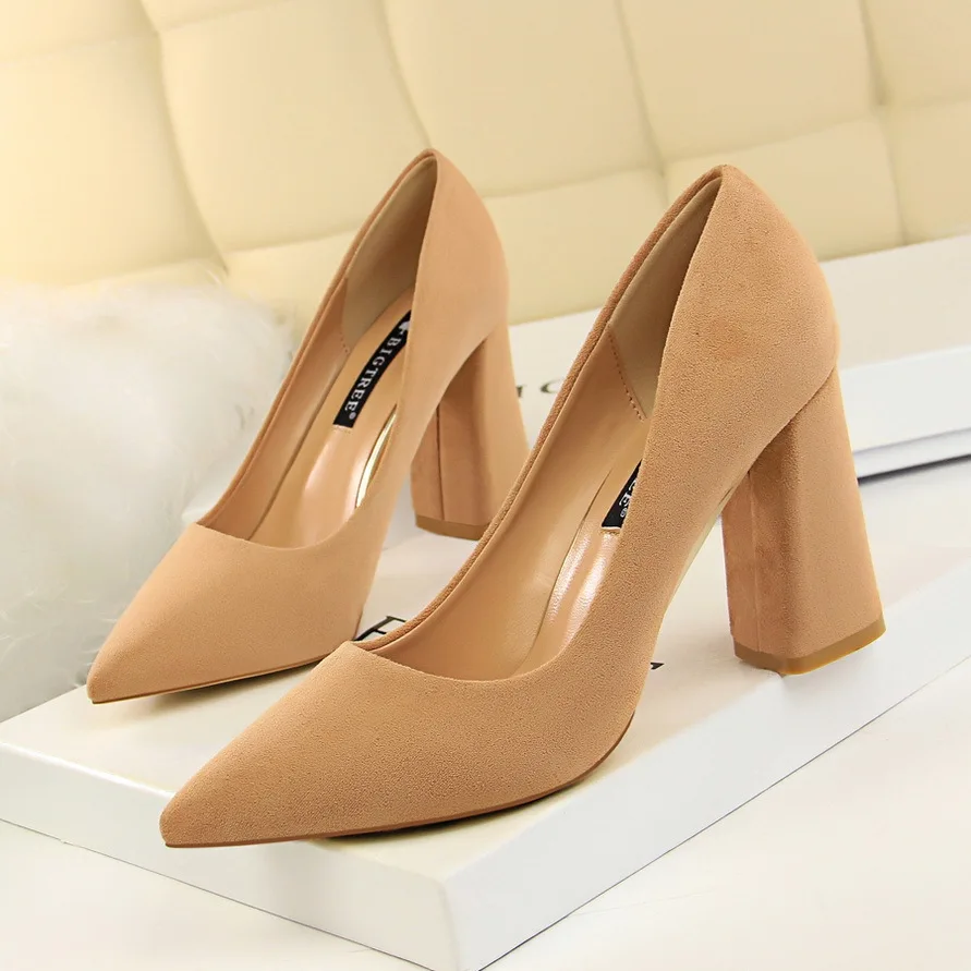 BIGTREE Thick Heel Woman Pumps Suede Women Heels Office Shoes Pointed Toe High Heels Wedding Female Heel Shoes