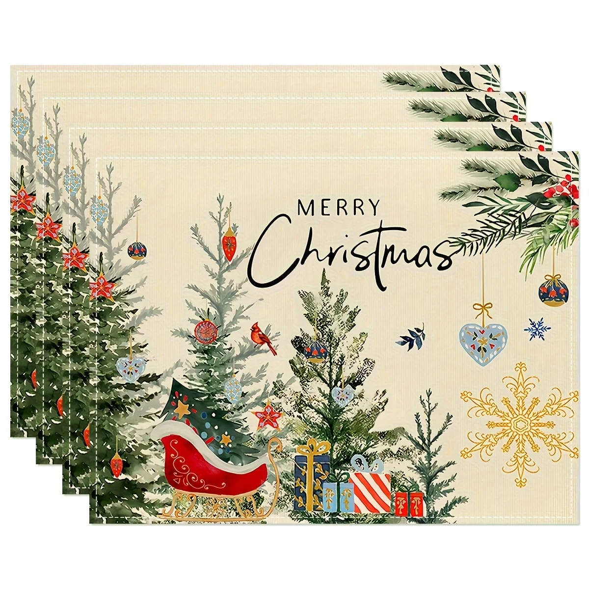 

4шт рождественские бежевые лесные ветки с принтом салфеток, полиэфирная ткань, декор кухонного стола, стильный сезонный фермерский дом