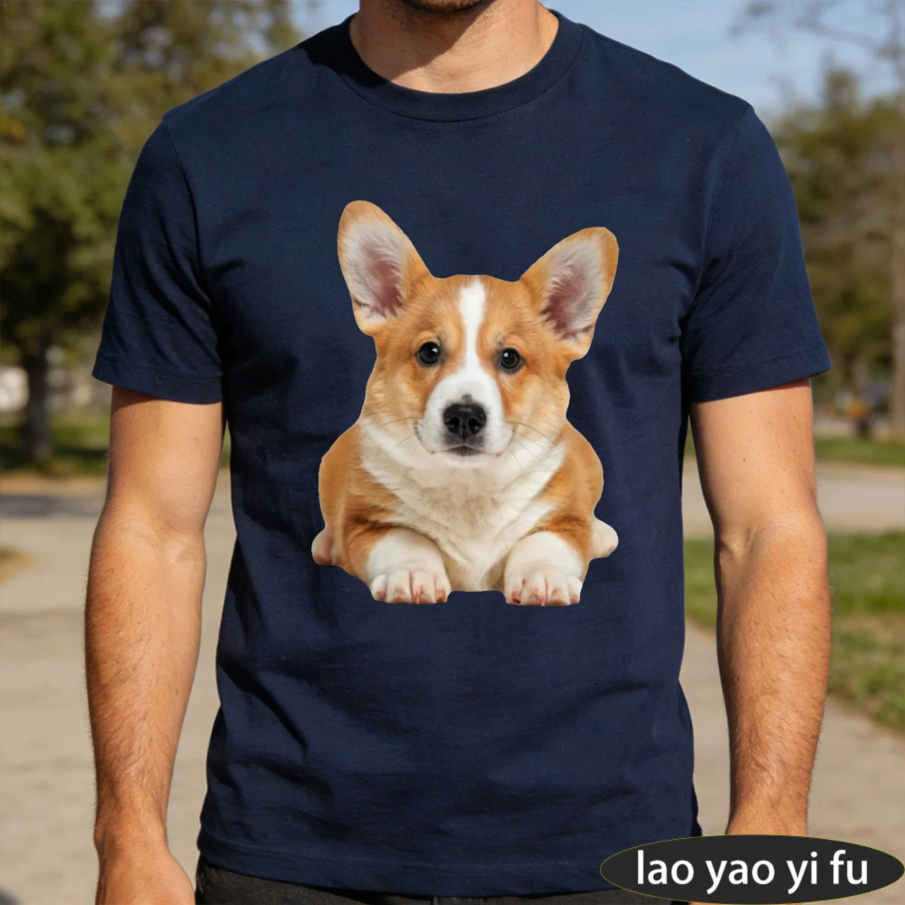 Corgi Puppy Realistic Dog Graphic TShirt Men Summer Cotton Short Sleeve Pembroke Welsh Corgi Lover Casual Daily Life Shirt
