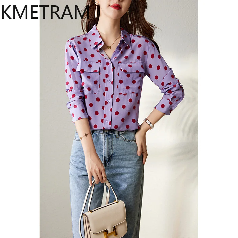 

KMETRAM 100% Mulberry Silk Blouse Woman Long Sleeve Tops for Woman Clothing Fashion Polka Dot Women's Shirts 2025 Spring Summer