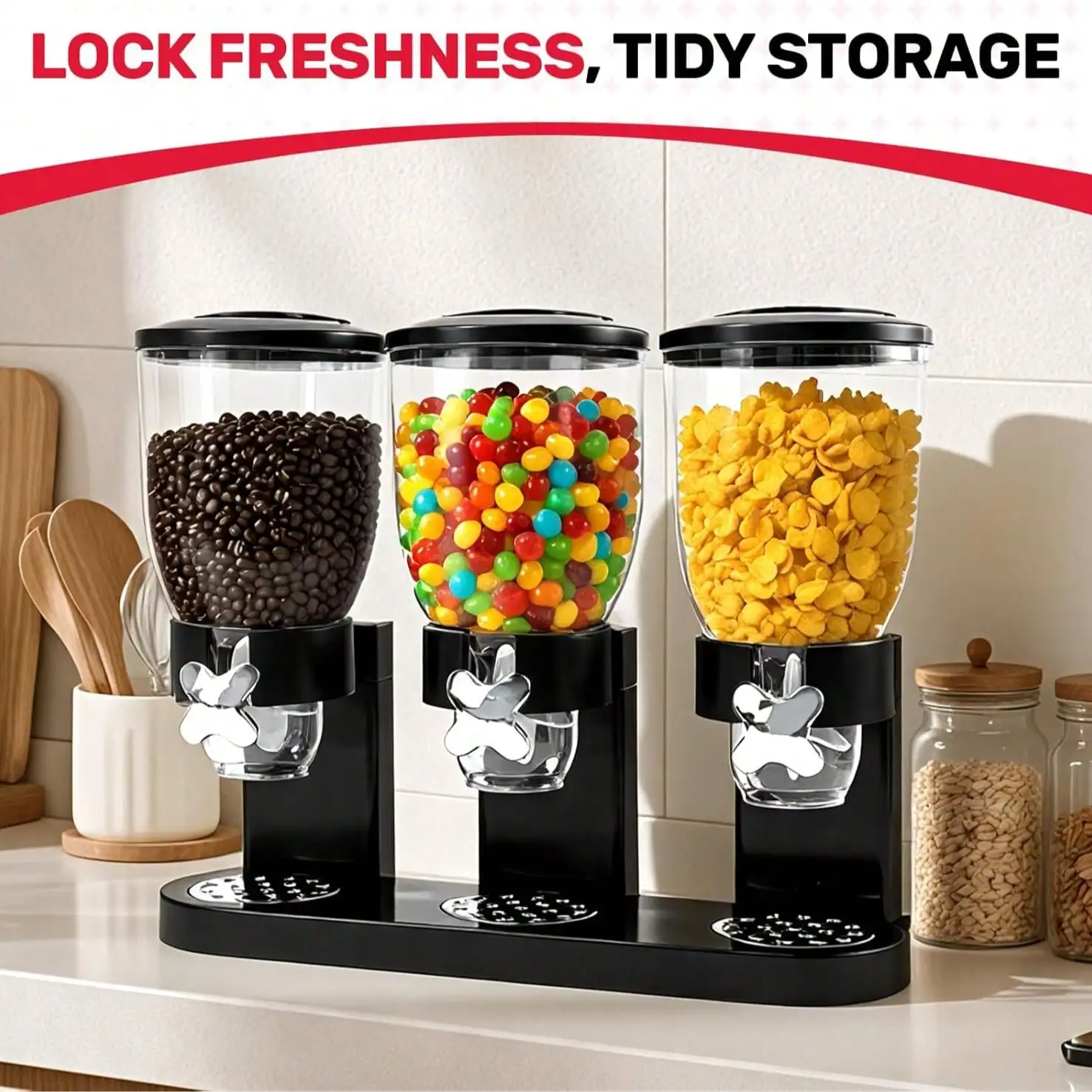 Black Desktop Cereal Dispenser, 6-Liter Kitchen Storage Container For Cereals, Snacks, Oatmeal, Nuts, Granola, Candy, Rice, Dog