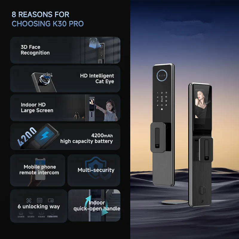 zc02 Home Smart 3D Face Recognition Video Door Lock WiFi Wood Door App Electronic Zinc Alloy Material Lock Memory Card