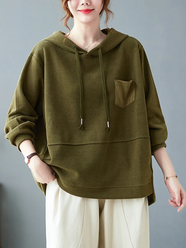 

Ретро-худи свободного кроя с длинными рукавами, с панелями, повседневный модный топ для осени, для поездок на работу, однотонный дизайн