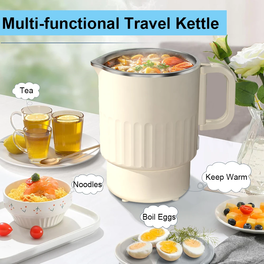 Electric Water Kettle Portable Mini Kettle with Steaming Rack 1000ml Large Capacity Stainless Steel Home Kitchen Office Travel