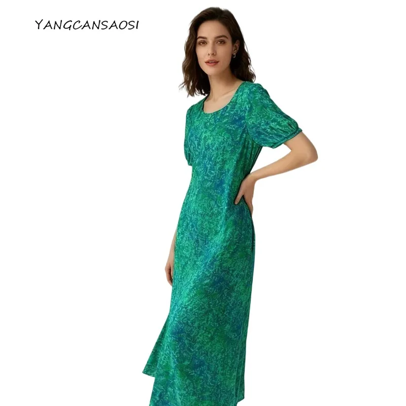 

2025 Women's Fashion Clothing Oblique Cut 1.25m 100%Natural Mulberry Silk Crepe De Chine Round Neck Short Sleeve Fish Tail Dress