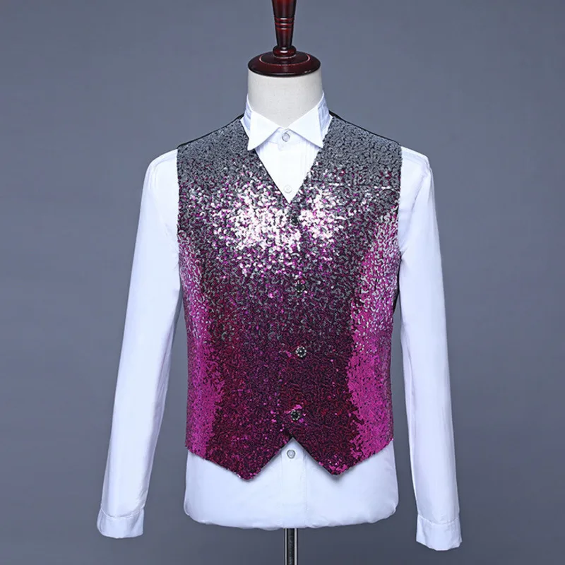 #4820 Gradient Color Sequins Vests Men Shinny Vests Male Dance Stage Singer Vests For Men Slim Men\'s Vest Sleeveless Vest Male