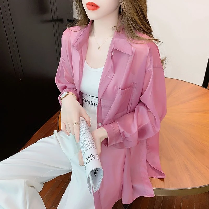 Summer Turn-down Collar Fashion Long Sleeve Shirt Women High Street Casual Solid Color Button Cardigan Elegant Thin Style Tops