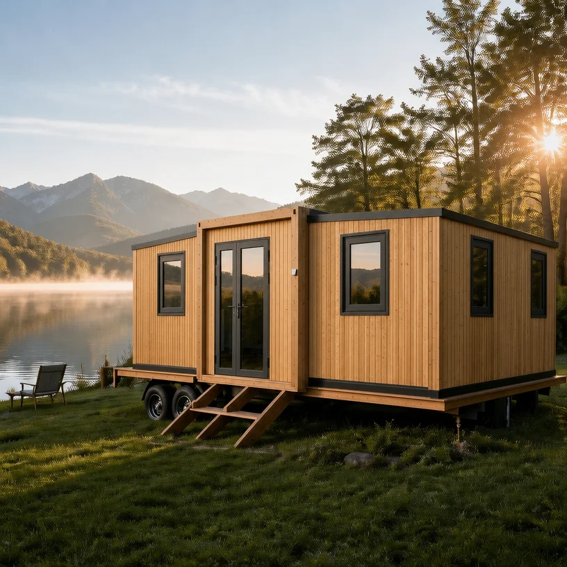 Movable Wood Grain 20ft Expandable Container House Trailer Prefab Tiny Home Wheels Modular Cabin Office Building Bedroom