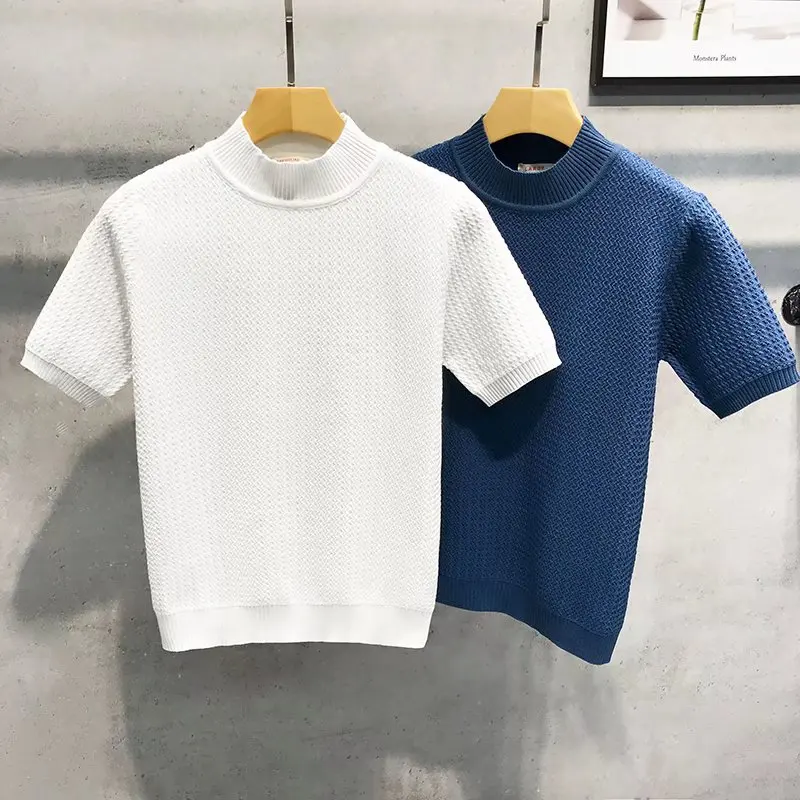 Spring New Style Korean Version Slim Fit Men's Half High Collar Knitted Short Sleeve T-Shirt Trendy Middle Collar Base Shirt ...