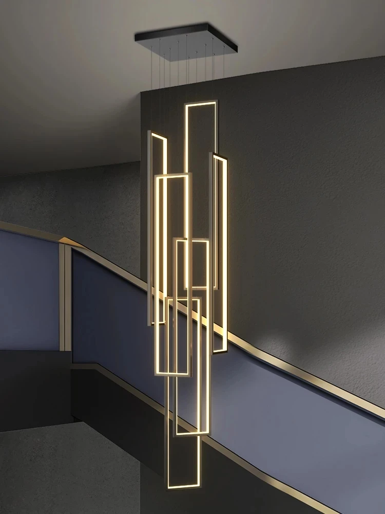 

Large Modern Chandelier For Staircase Led Home Decor Hanging Lamp Black /Gold Indoor Lighting Luxury Creative Rectangle Lustre