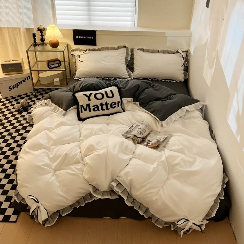 

Ins Style Bow Embroidery Pure Cotton Bed Sets Princess Brushed Bedding Set with Lace Single Double Queen King Size Bedclothes