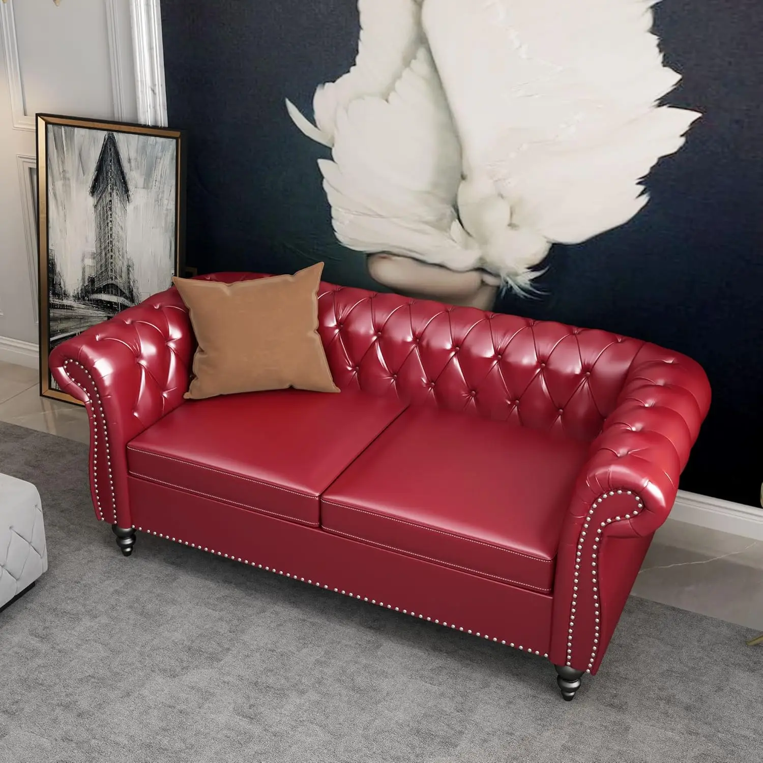 أريكة معنقدة من Chesterfield Loveseat ، أريكة جلدية حديثة ، مقعدان بأذرع ملفوفة ورأس مسمار ، غرفة معيشة وغرفة نوم