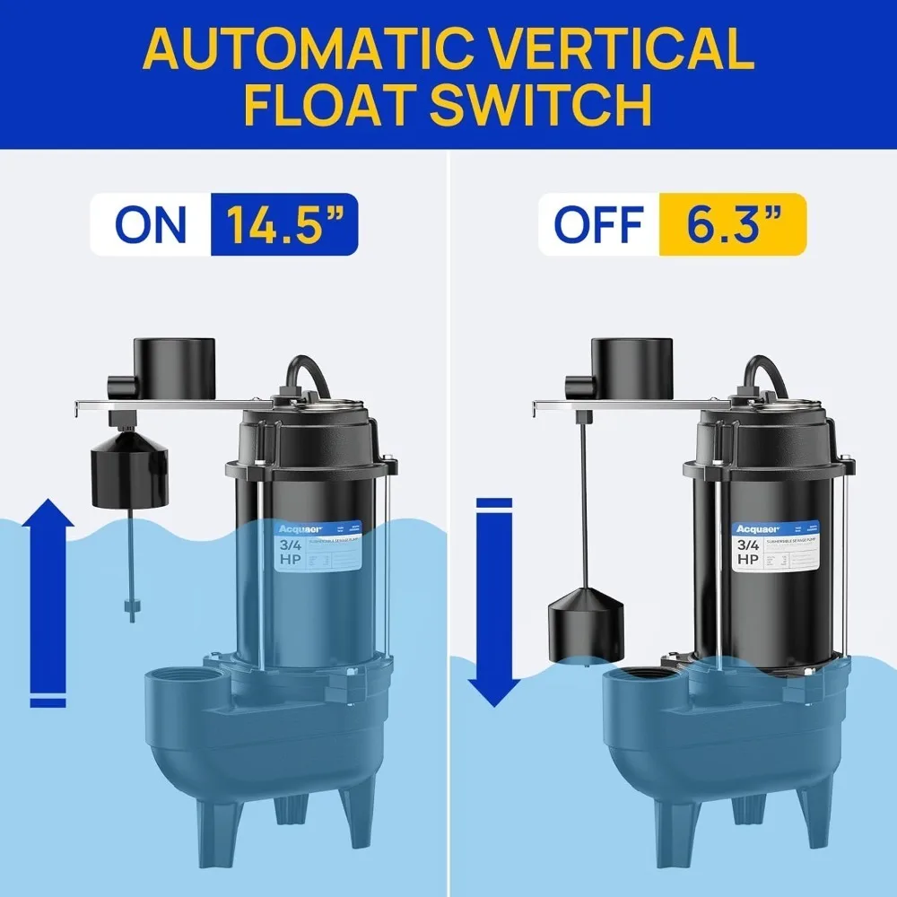 توصيل مجاني - مضخة مياه الصرف الصحي 3/4 حصان غاطسة، حديد زهر 6400 GPH مع مفتاح تعويم عمودي متكامل أوتوماتيكي وقابس Piggyback #5