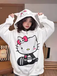 Sanrio Hello Kitty Cute Anime Autumn Winter Hooded Hoodie Yk2 Aesthetic Black White Zip Up Jacket Coat Couple Grunge Top Girls