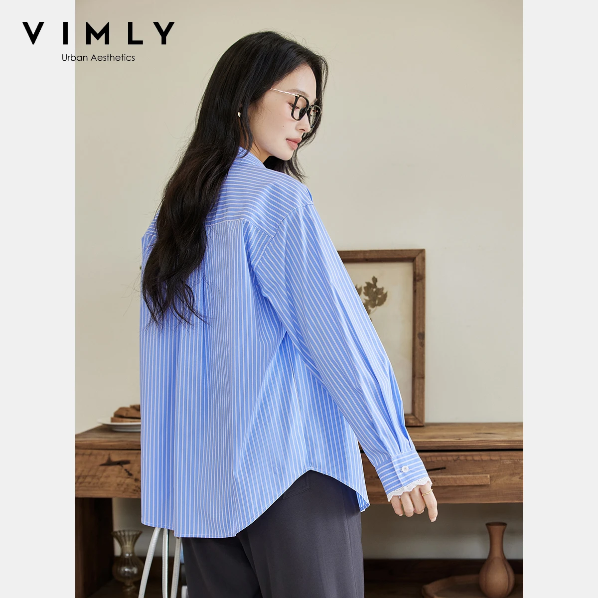 VIMLY bleu rayé chemise 2025 automne femmes à manches longues col Polo tenue de bureau femme Blouse dentelle boutonné dames chemises A2201