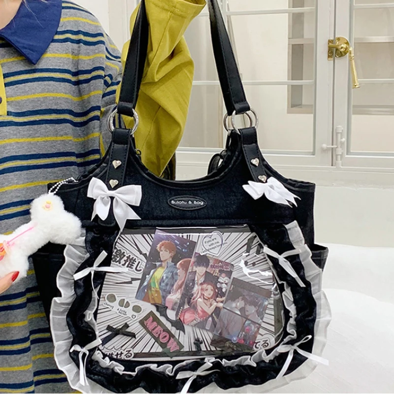 Japanese Exquisite Bow Lace Trim Shoulder Bag College Transparent Pocket Ita Bag Y2K Kawaii Versatile Large Capacity Handbag