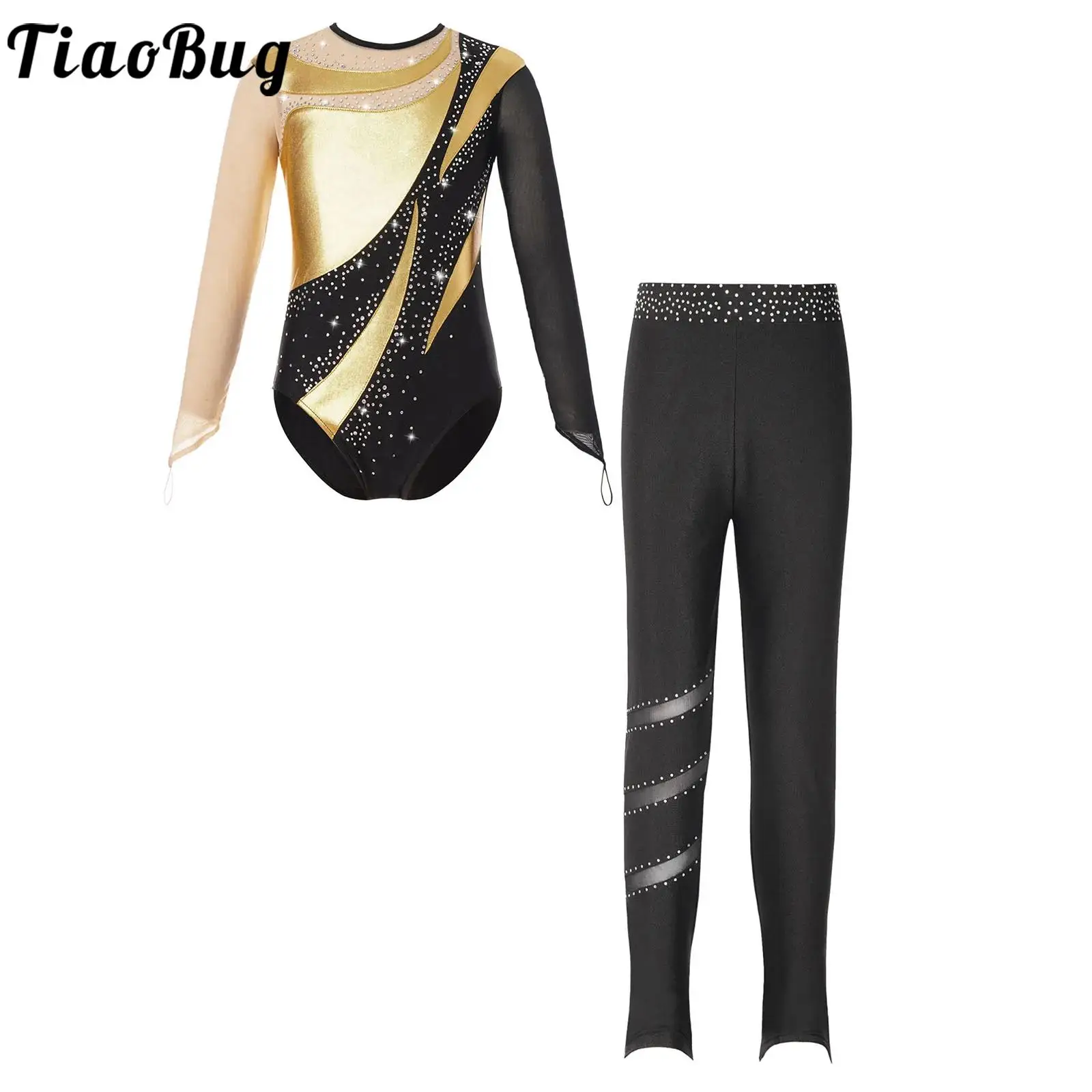 Kids Girls Long Sleeve Ballet Practice Dance Wear Gymnastics Leotard Ice Skating Competition Dance Costume with Trousers Outfit