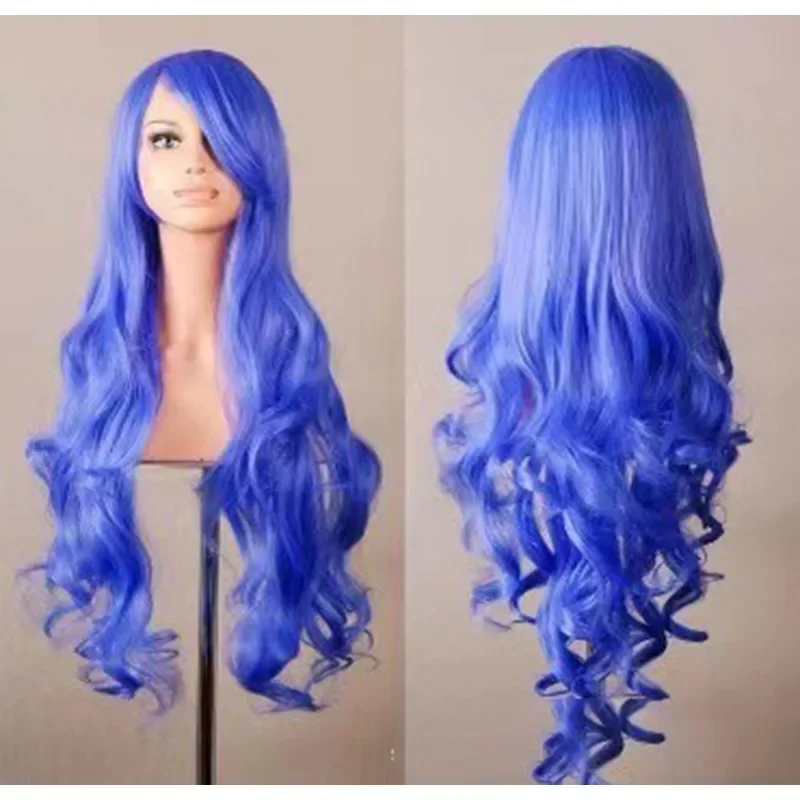 Wig Cosplay Anime Warna-warni Rambut Manusia Panjang Keriting Bergelombang Gaya Euramerika untuk Wanita, Wig Rambut Sutra Tahan Panas untuk Pemakaian Sehari-hari