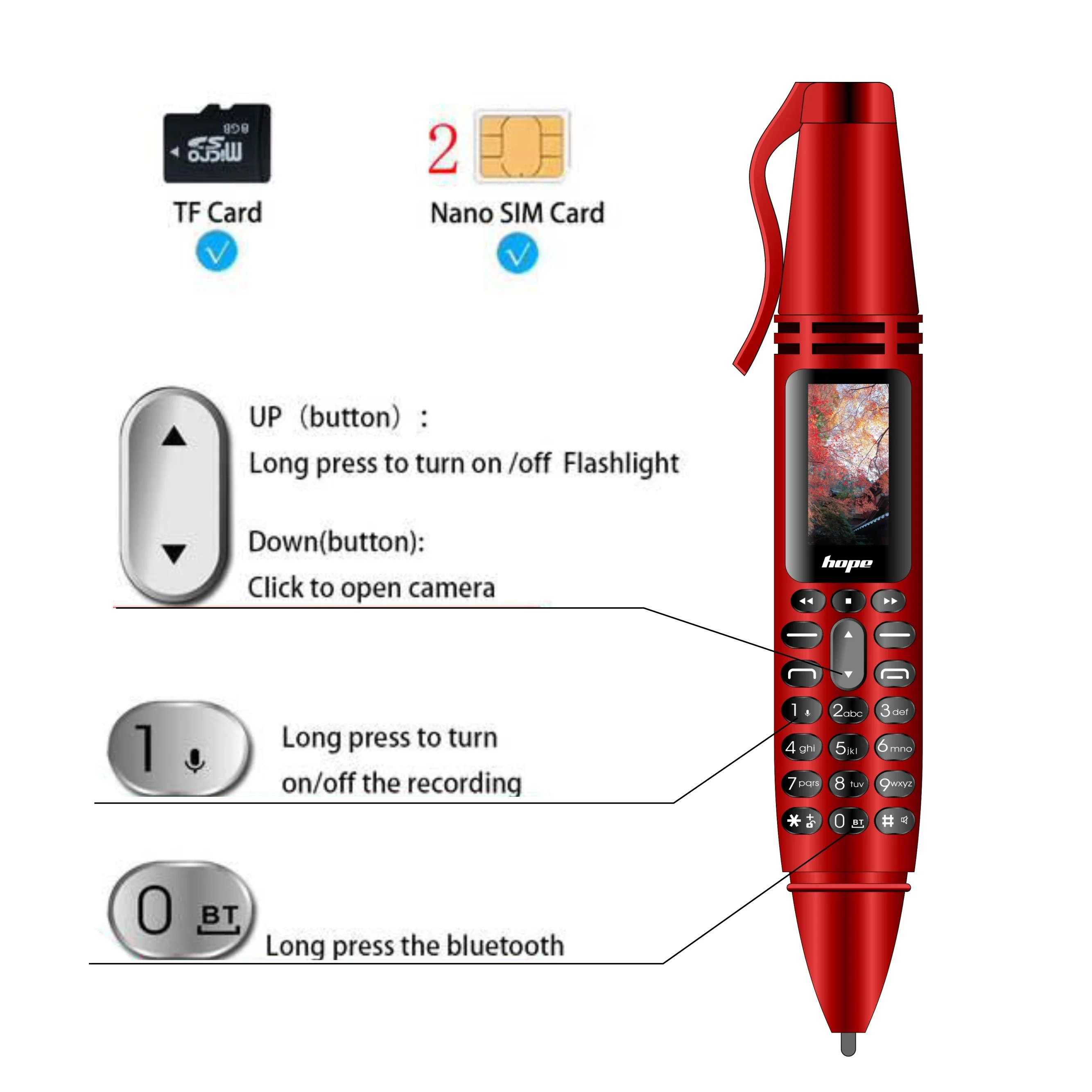 UNIWA AK007 2G GSM Mini telefon w kształcie pióra 0,96 "podwójne SIM telefon komórkowy Dialer magiczny głos MP3 FM dyktafon telefon komórkowy na sprzedaż