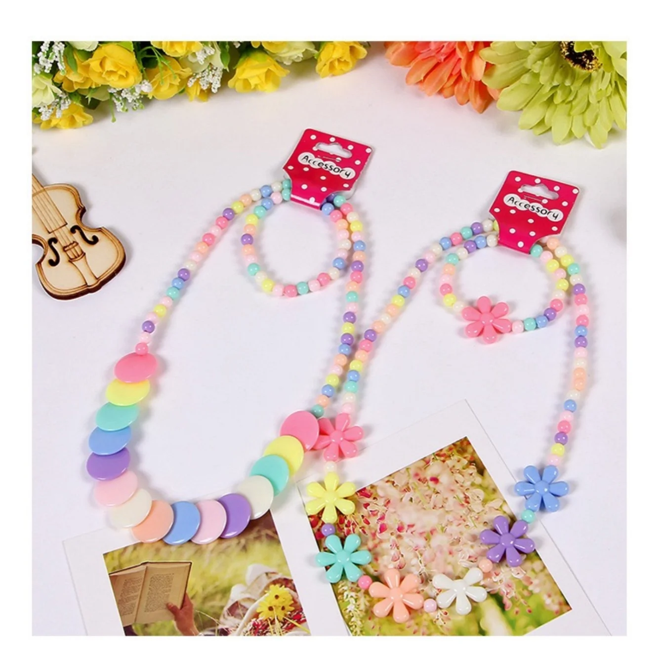 Candy Color Beads Necklace Bracelet Jewelry Flower Bow Strawberry Necklace Bracelet 2pc/set Children Party Girl Birthday Gift