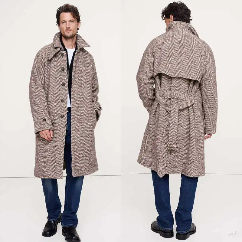 

Шерстяное пальто с узором «елочка», мужская однобортная зимняя длинная куртка по индивидуальному заказу, умная повседневная модная теплая куртка с карманами