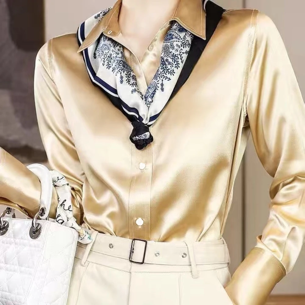 Solid Color Elegant Office Lady\'s Satin Shirt All-Match Trendy Women Shirts And Blouses Basic Chic Top Autumn French Chic Shirt