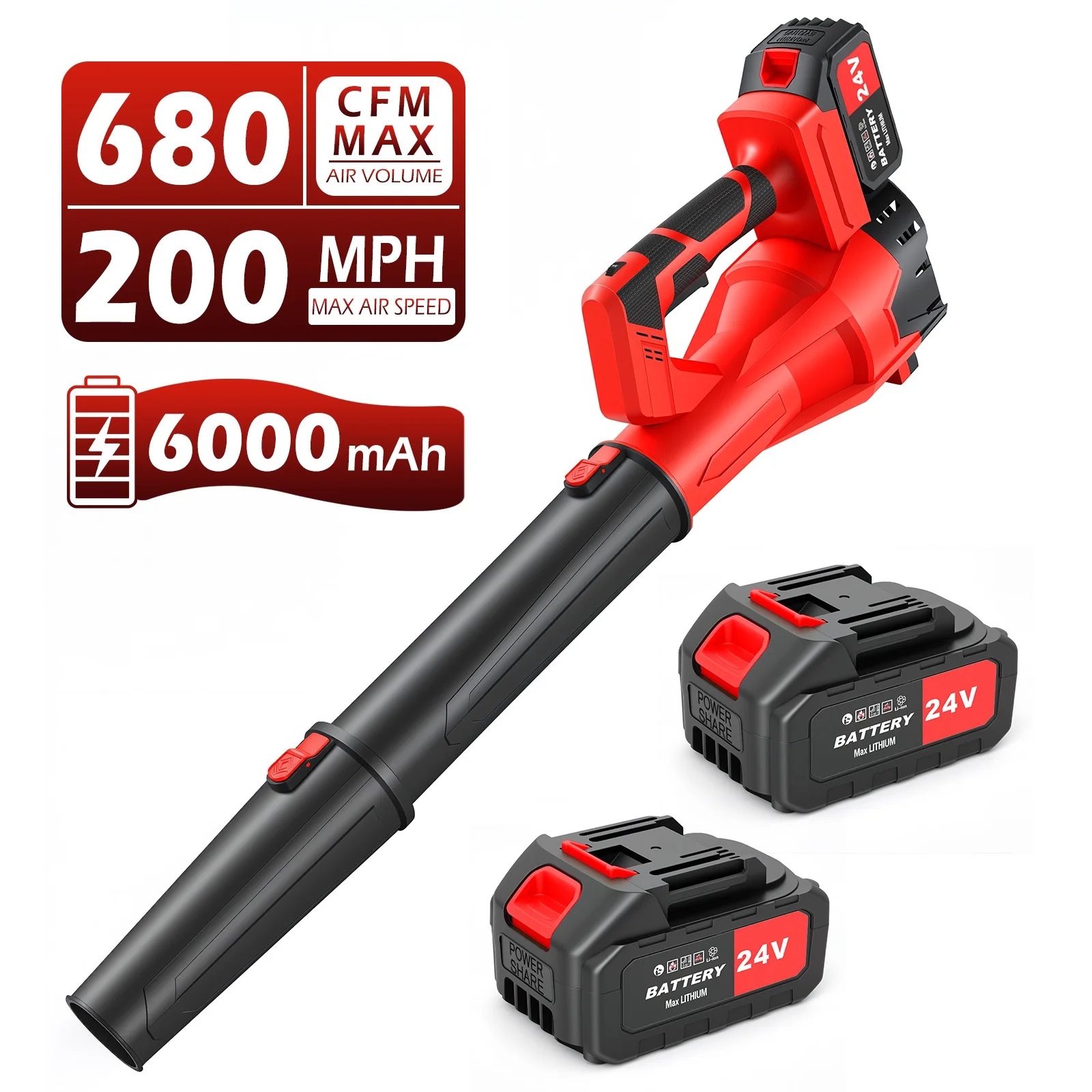 21V High-Power Cordless Leaf Blower 680CFM Electric Blower 24000r/min 6-Speed Two 6.0Ah Batteries Garden Cleaning Dust Removal