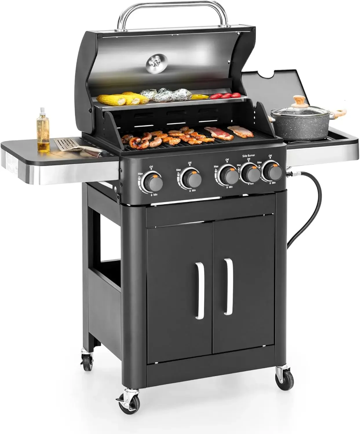 4 Burners Propane Gas BBQ Grill with Side Burner and Porcelain-Enameled Cast Iron Grates with 2 in 1 Griddle Grill Plate