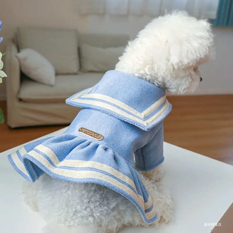 1PC Pet Apparel Cat Dog Autumn and Winter Thickened Warm Blue Gold Label Princess Dress Suitable for Small and Medium sized Dogs